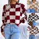thumbnail image 2 of Suéter de punto de manga larga a cuadros con contraste de colores estilo urbano europeo y americano para otoño e invierno para mujer, 2 of 5