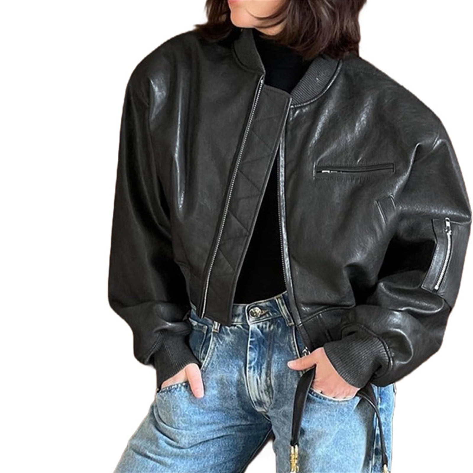 Womens Faux Leather Bomber Jackets Baseball Collar Zip Up Cropped Biker Coat with Pockets
