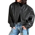 thumbnail image 2 of Womens Faux Leather Bomber Jackets Baseball Collar Zip Up Cropped Biker Coat with Pockets, 2 of 7