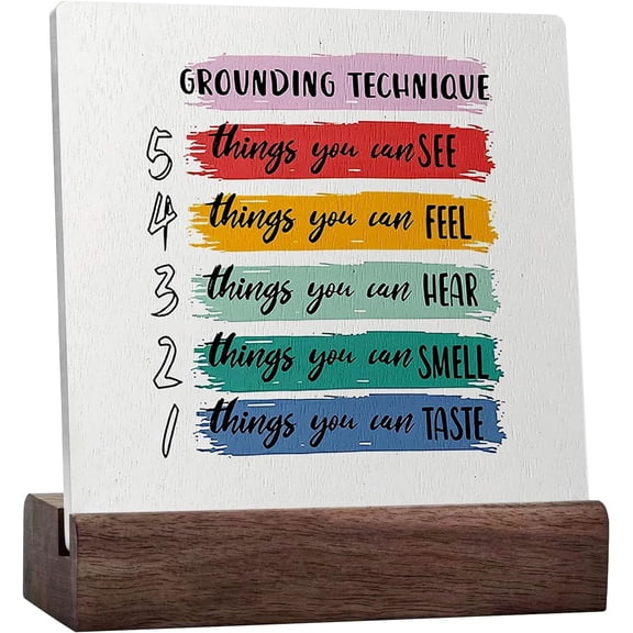 Grounding Techniques For Anxiety Breathing Mental Health Desk Decor,Rustic For Therapy Office School Counseling Office Wall Shelf Tabletop Decoration Ceramic Plaque With Wooden Stand
