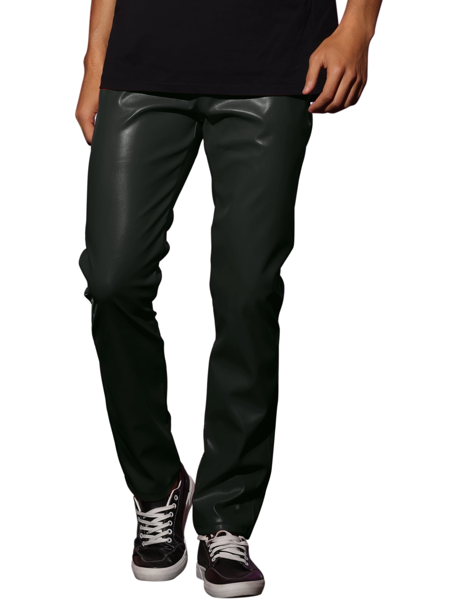 Unique Bargains Men's Faux Leather Pants Slim Fit Solid Nightclub Disco Trousers 30 Black