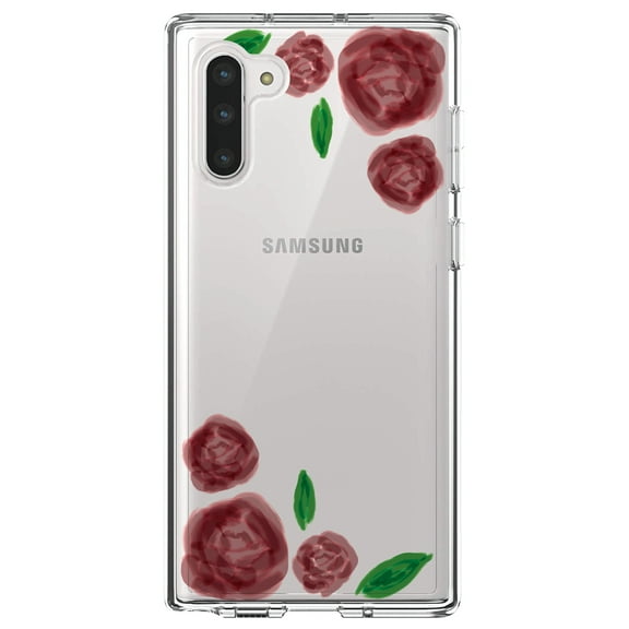 DistinctInk Clear Shockproof Hybrid Case for Samsung Galaxy Note 10 (6.3" Screen) - TPU Bumper, Acrylic Back, Tempered Glass Screen Protector - Watercolored Roses