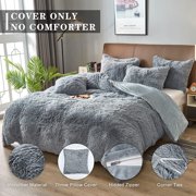 BLEUM CADE Luxury Fluffy Fuzzy Queen Bedding Comforter Set,4 Pieces Shaggy Duvet Cover Set,Furry Plush Velvet Comforter Cover with Zip Closure,Queen,Light Grey