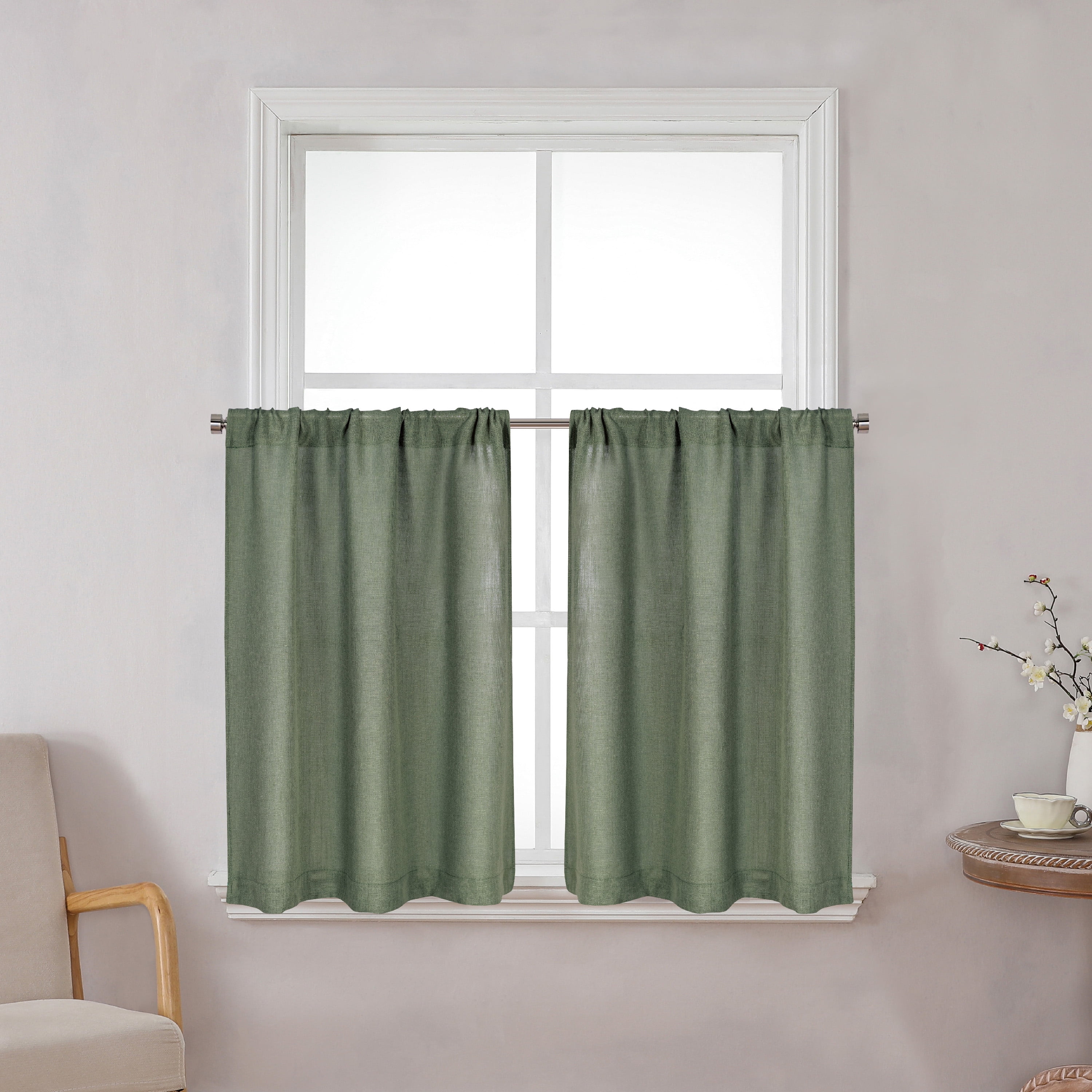 Better Homes & Gardens Linen Blend Light Filtering Rod Pocket Kitchen Curtain Tier and Valance, Set of 3, Dark Cilantro, 60 W x 36 L
