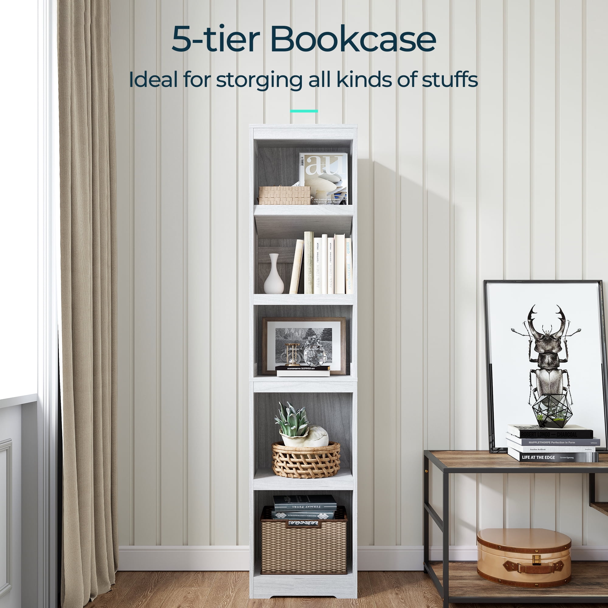 LINSY HOME 68in 5 Tier Bookshelf, Tall Narrow Bookcase Shelf Storage Organizer, Modern Book Shelf for Bedroom, Living Room and Home Office, White Oak