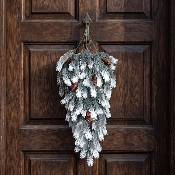 SCNOR Flocked Teardrop Christmas Swag with Pinecones - 29" Artificial Winter Holiday Decor for Front Door