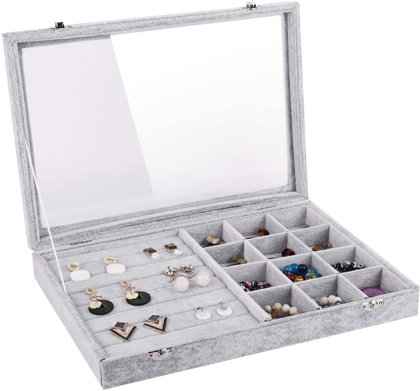Delaman Ring Earrings Trays Showcase 7 Slots Velvet Display Jewelry Organizer Box Grey