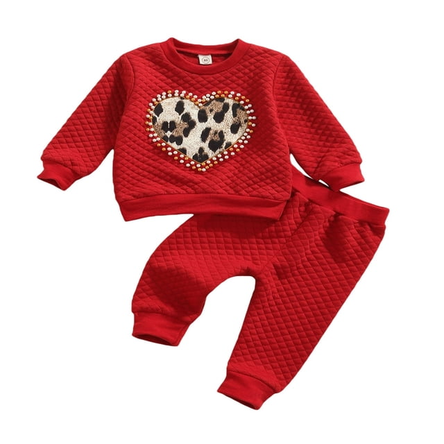 Bébé Fille Vêtements d'Automne à Manches Longues Imprimé Léopard Coeur Pull Tops et Pantalons Ensemble Enfant 2Pcs Tenue