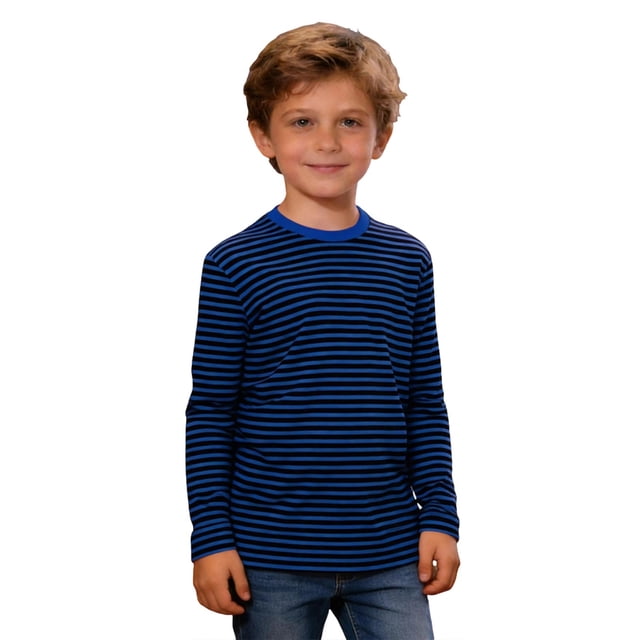 PMVFHDE T-Shirt Classique à Rayures à Manches Longues à Col Rond pour Garçons et Filles Haut Doux et Décontracté pour Enfants Confortable pour Tous les Jours Bleu, 7-8 Ans