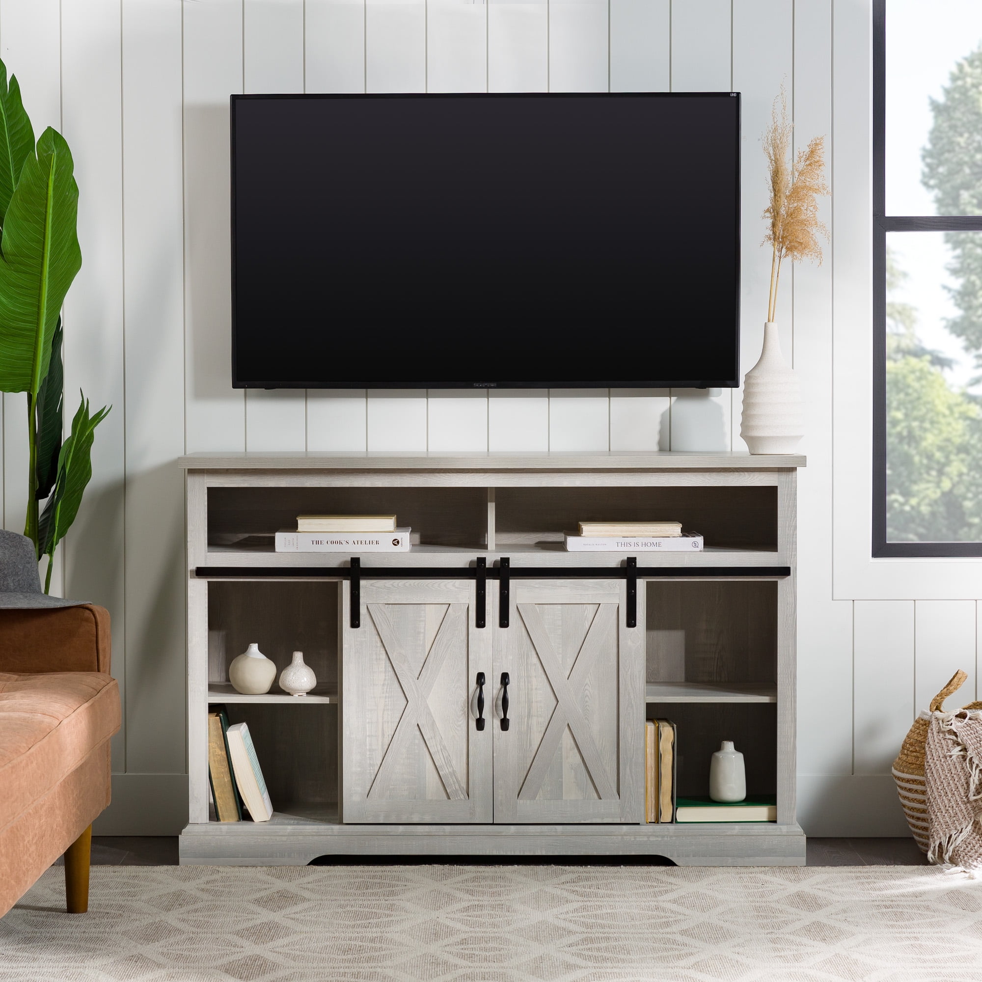 Woven Paths Farmhouse Barn Door TV Stand for TVs up to 60", Stone Grey