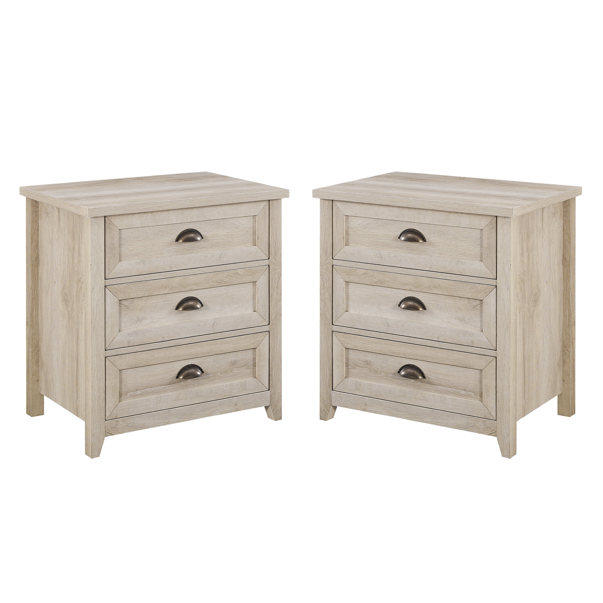 Walker Edison Farmhouse 3 Drawer Nightstand, Set of 2, White Oak