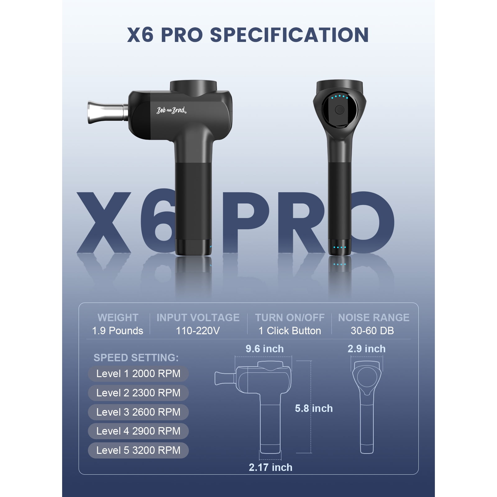 BOB AND BRAD X6 Pro Massage Gun Deep Tissue Percussion with Metal Head, Professional Muscle Massage Gun for Athletes, Pain Relief, Christmas Gift for Men and Women, FSA HSA Eligible(without box)