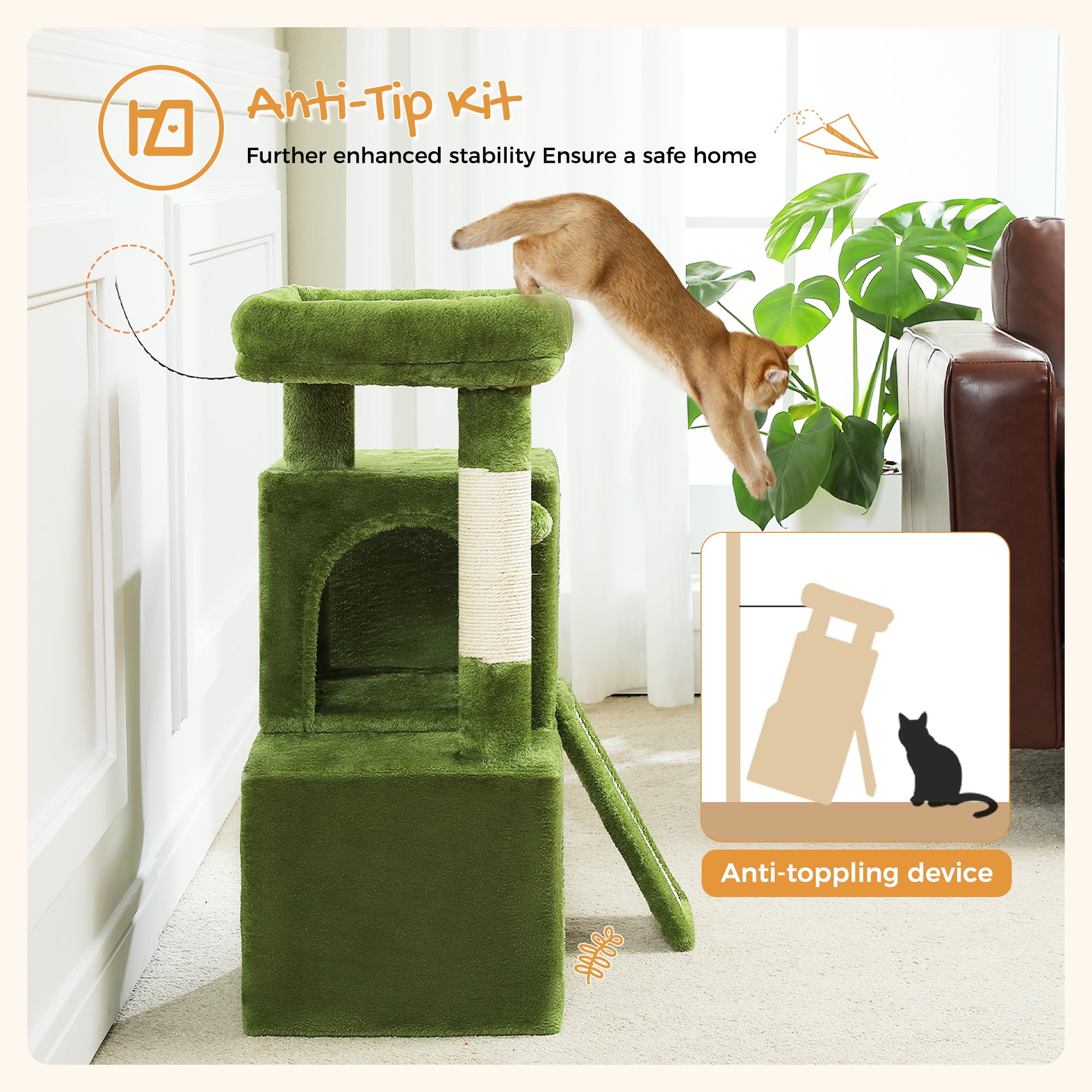 PAWZ Road 30" Cat Tree Condo with Sisal Scratching Post Tower Ramp for Indoor Cats,Green