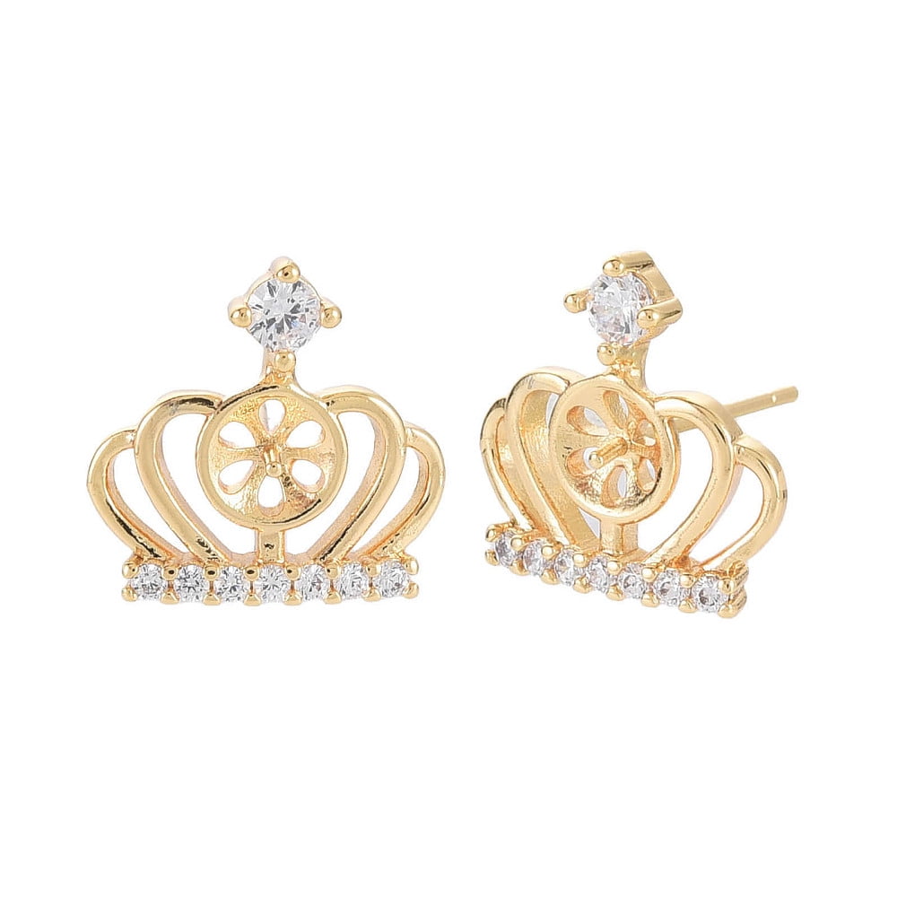 Brass Micro Pave Clear Cubic Zirconia Stud Earring Findings for Half Drilled Beads Nickel Free Crown Real 18K Gold Plated 14x14.5mm Pin: 0.6mm pin: 0.7mm(for half drilled beads)