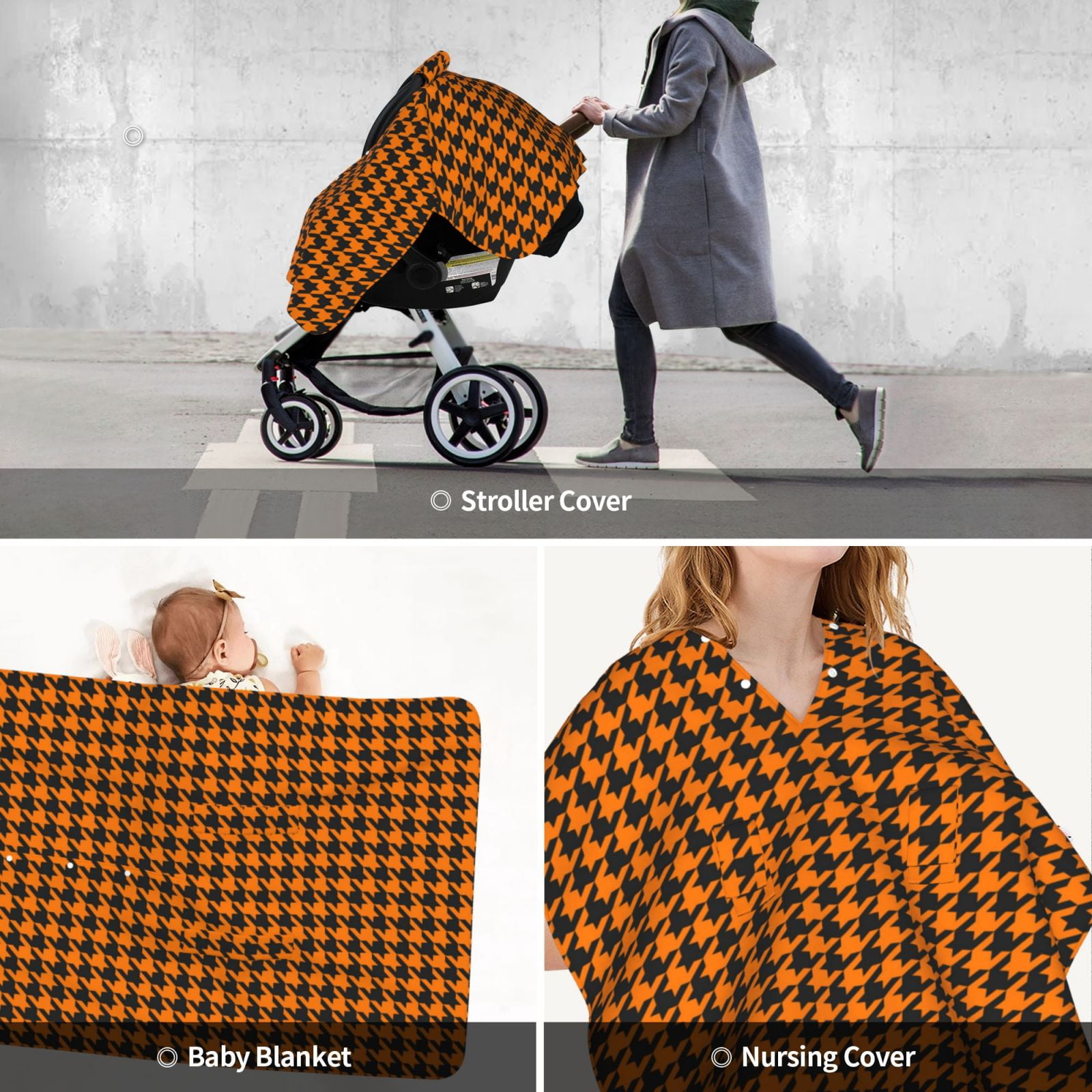 Car Seat Cover Baby - Black And Orange Houndstooth Breathable Infant Car Seat Cover for Baby Carseat, Lightweight Comfort Baby Essentials Must Haves Newborn Stuff for Girl Boy