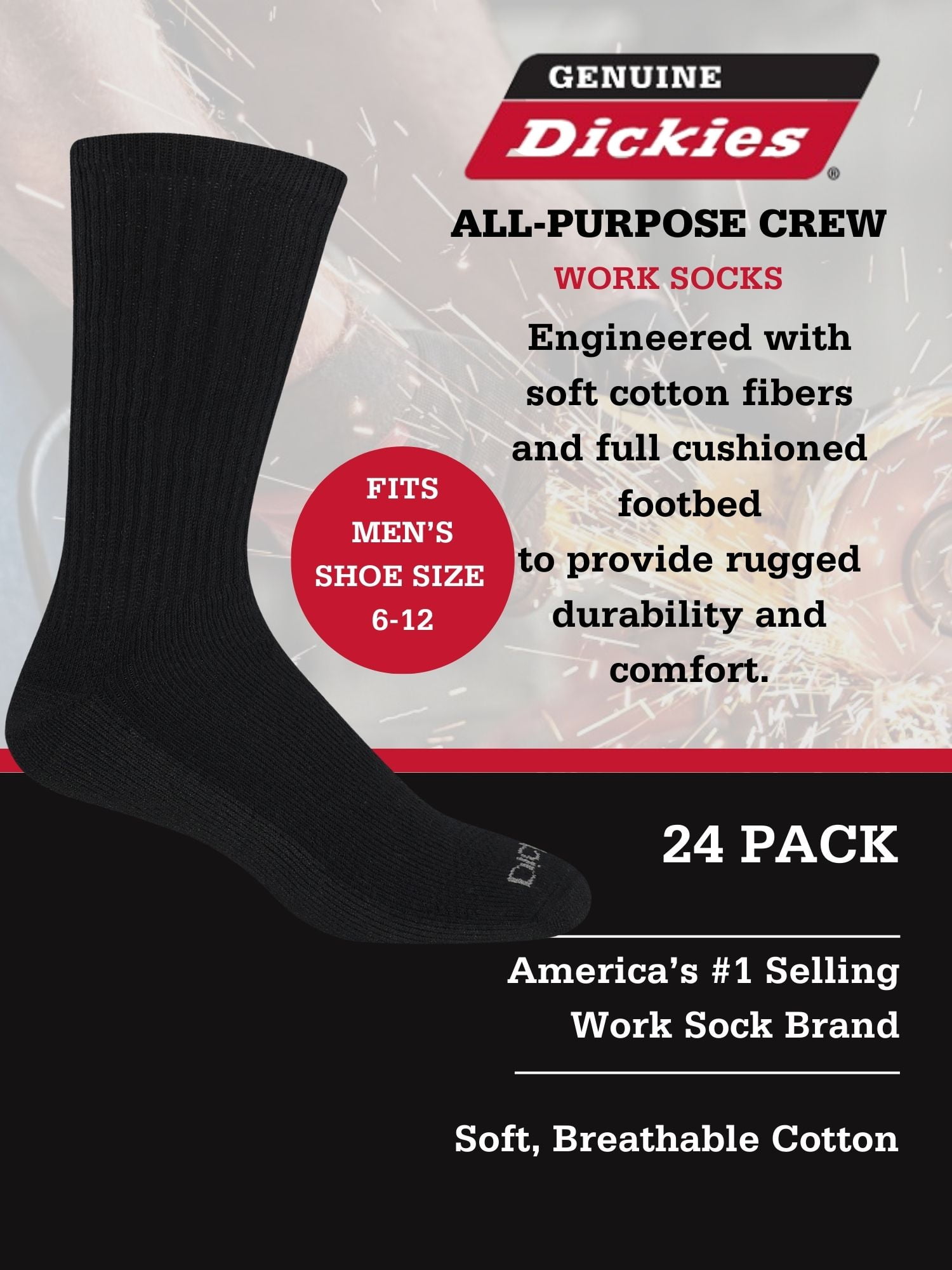 Dickies Men's Value Work Crew Socks, 24 Pack-Black Size 6-12
