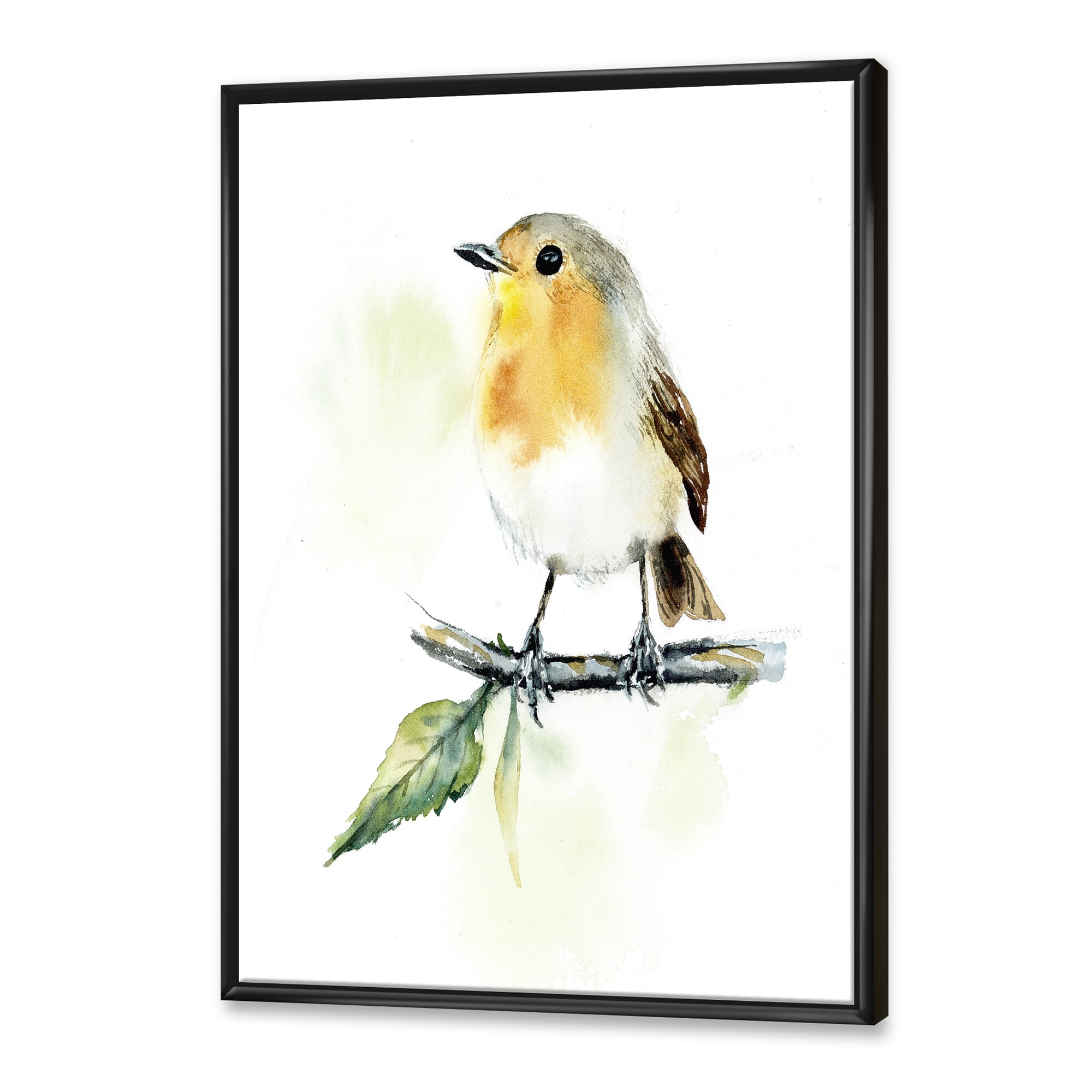 Designart 'Little Robin Bird Sitting On A Branch' Traditional Framed Canvas Wall Art Print
