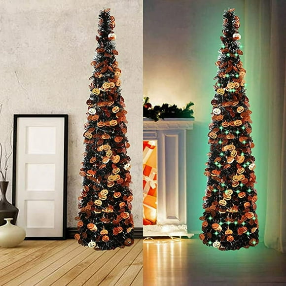 Halloween Christmas Tree with 50 Lights 5ft Pop Up Black Artificial Pumpkin Sequin Collapsible Pencil Tinsel Trees for D
