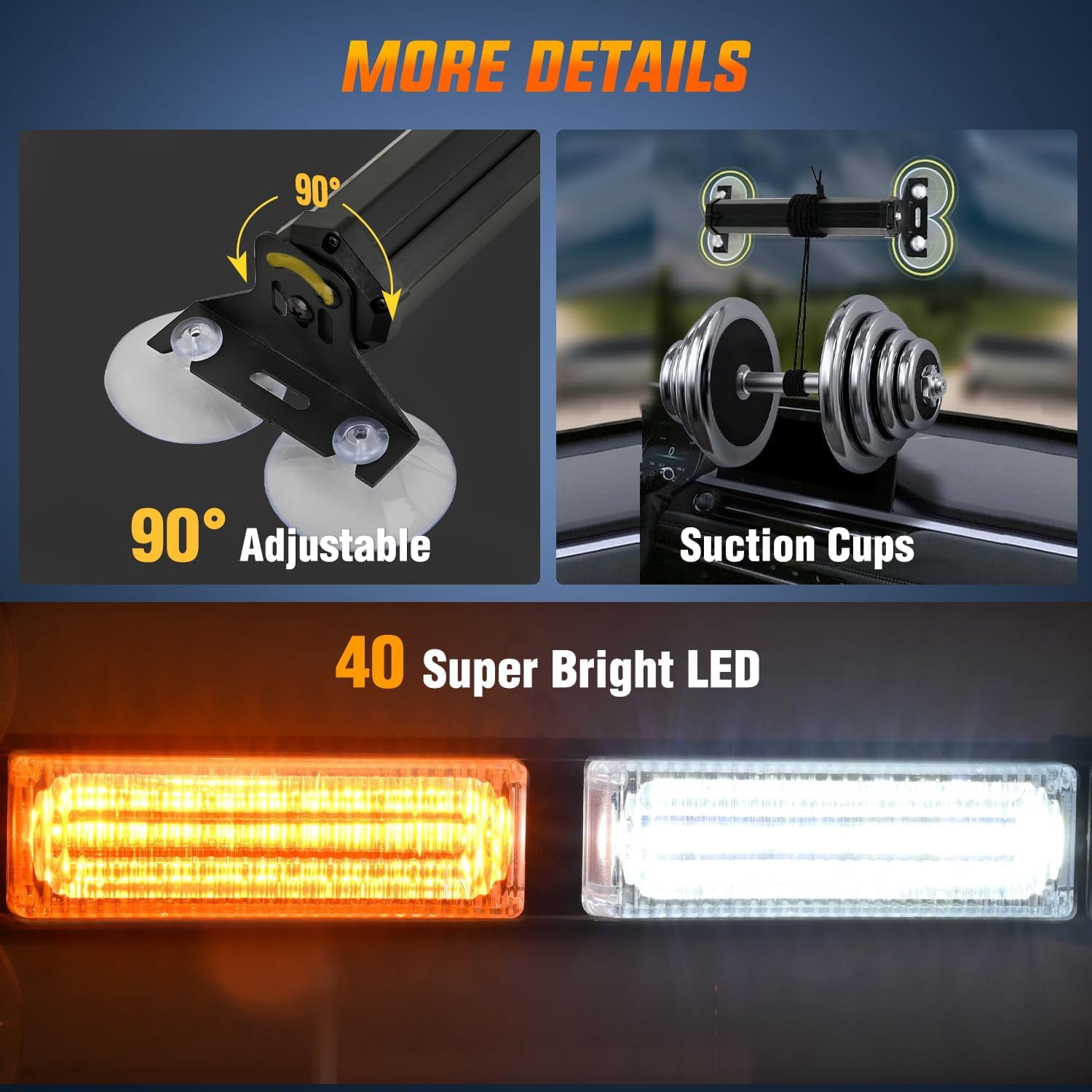 Nilight 40LED Amber White Emergency Strobe Advisor Light Bar with Suction Cups Dash Safety Warning Hazard Flashing Lights Interior Front/Rear Windshield for Trucks Construction Vehicles