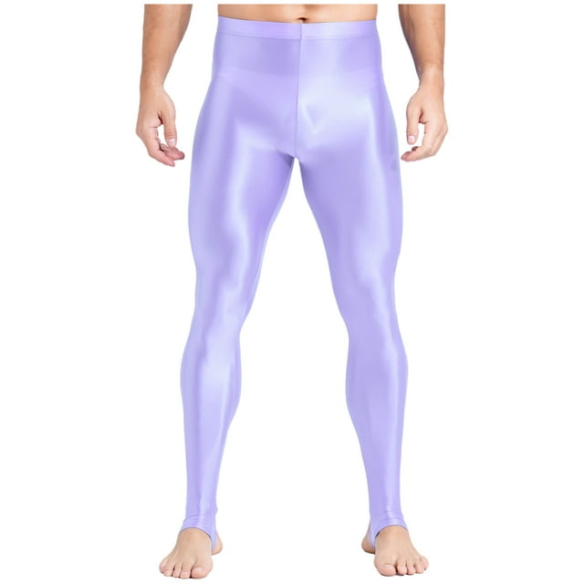 Sxiwei Men's Shiny Compression Pants Oil Glossy Stretchy Workout Sports Base Layer Trousers Purple A L