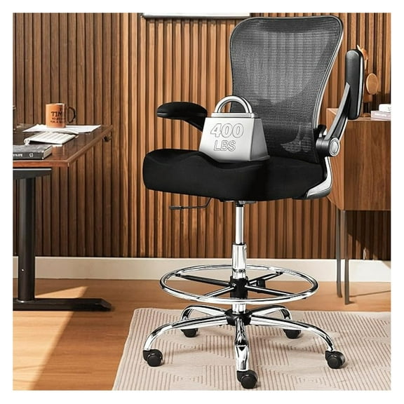 400LBS Drafting Chair, Tall Office Chair with Adjustable Lumbar Support&Footrest Ring, Comfy Extra Deep W-Shape Thicken Cushion, Breathable Mesh Standing High Desk Chair with Padded -up Armrests