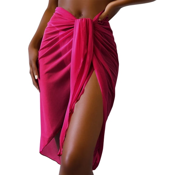 Women Sheer Wrap Knot Waist Skirt Cover Up Beach Bikini Shiny Swimsuit Wraps For Swimwear, XXL, Pink