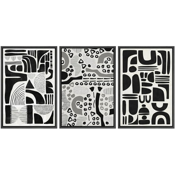 IDEA4WALL Framed Canvas Print Wall Art Set of 3 Black & White Boho Polygon Pattern Illustrations Abstract Geometric Modern Art Boho Decorative Multicolor Artwork for Room Decor - Black 16"x24"x3
