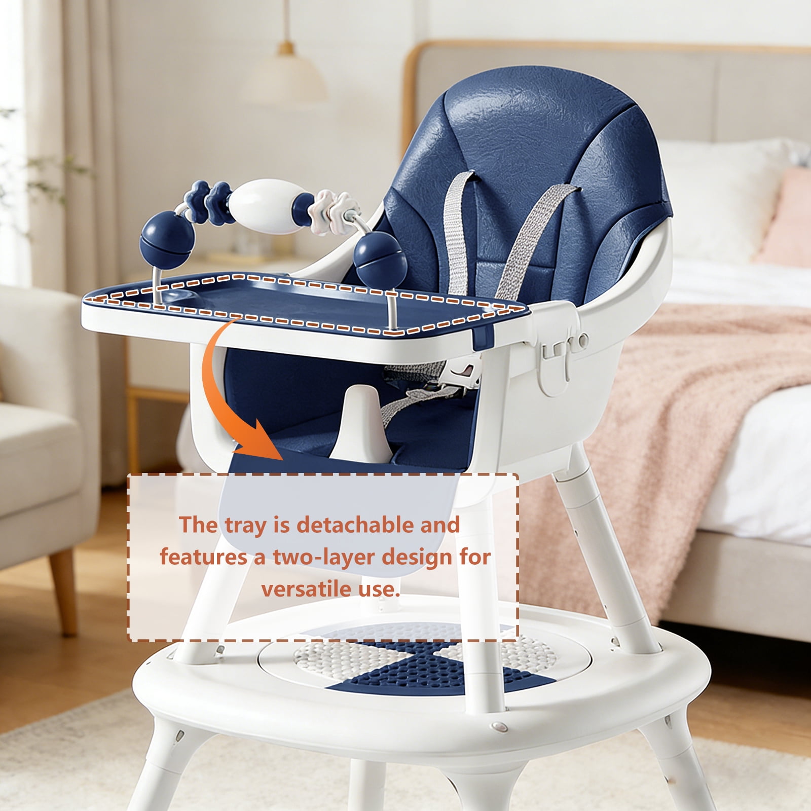 Convertible 4-in-1 Baby High Chair with Block Table, Infant to Toddler Feeding Chair with Play Tray & Built-in Toys, Removable PU Cushion, Easy to Clean Dining & Activity Chair–Blue