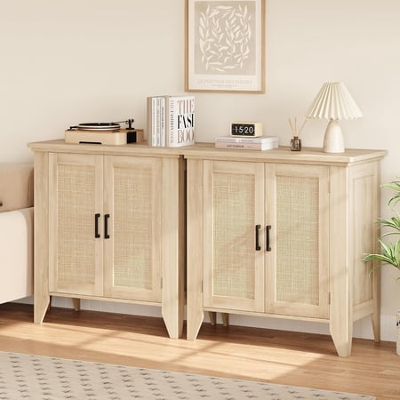 Small Storage Cabinet with Rattan Doors Boho Sideboard Buffet Cabinet with 2 Doors and Adjustable Shelf Wood Credenza Console Cabinet for Entryway Living Room Kitchen (Natural Oak- 2 Packs)