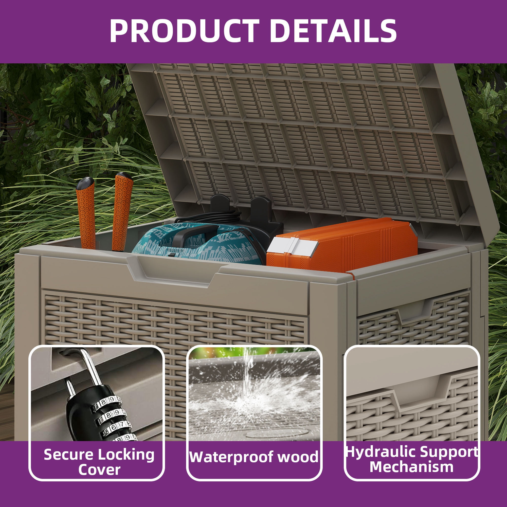 Uforic 35 Gallon Resin Outdoor Deck Box, Lockable Waterproof UV Resistant Storage Container for Patio Cushions Garden Tools, Light Brown