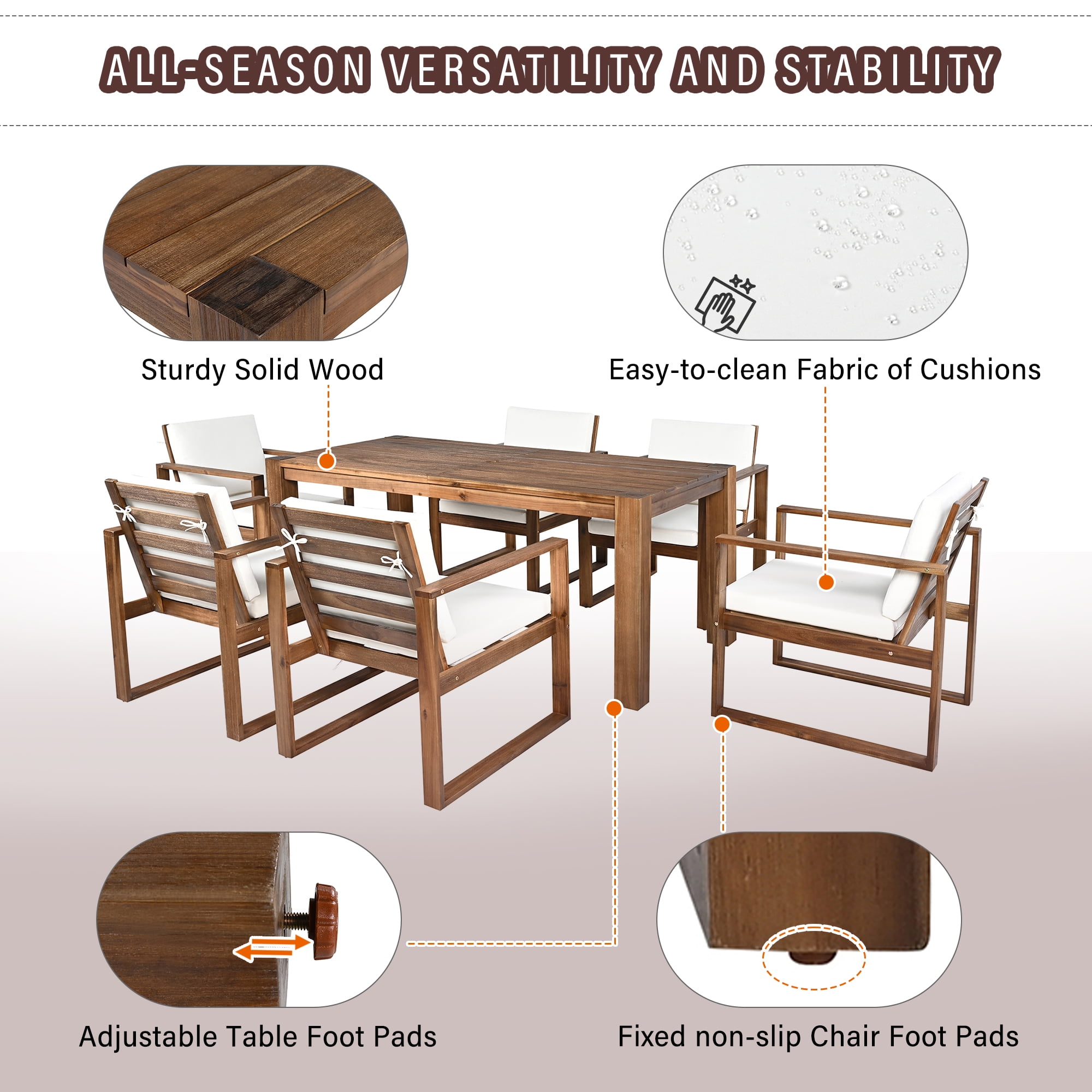 HighSound 7 Piece Patio Dining Set, Outdoor Acacia Wood Furniture Set, Rectangular Table and 6 Arm Chairs w/Removeable Fabric Cushion, Gray