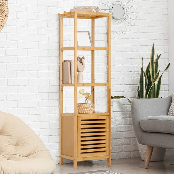LUVODI 140cm Bamboo Bathroom Cabinet Side Tall Slim Storage Unit Shelf Cupboard with 3 Hanging Hooks ﻿
