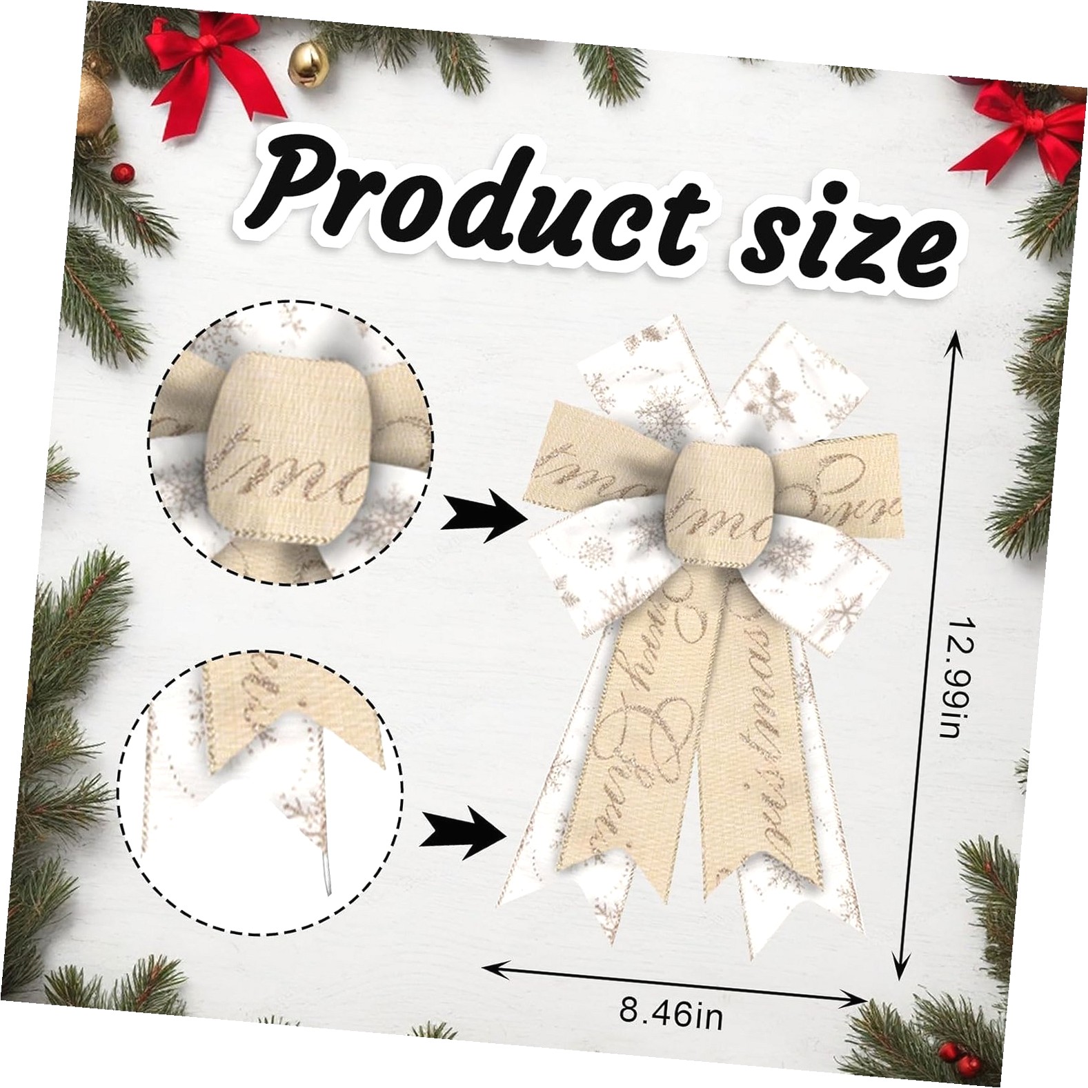 Fuliko 2-Piece Christmas Bows for Wreaths, 8.46 12.99 Inch Beige and White Bow Featuring Merry Christmas and Snowflake Pattern, Wired Craft Bow for
