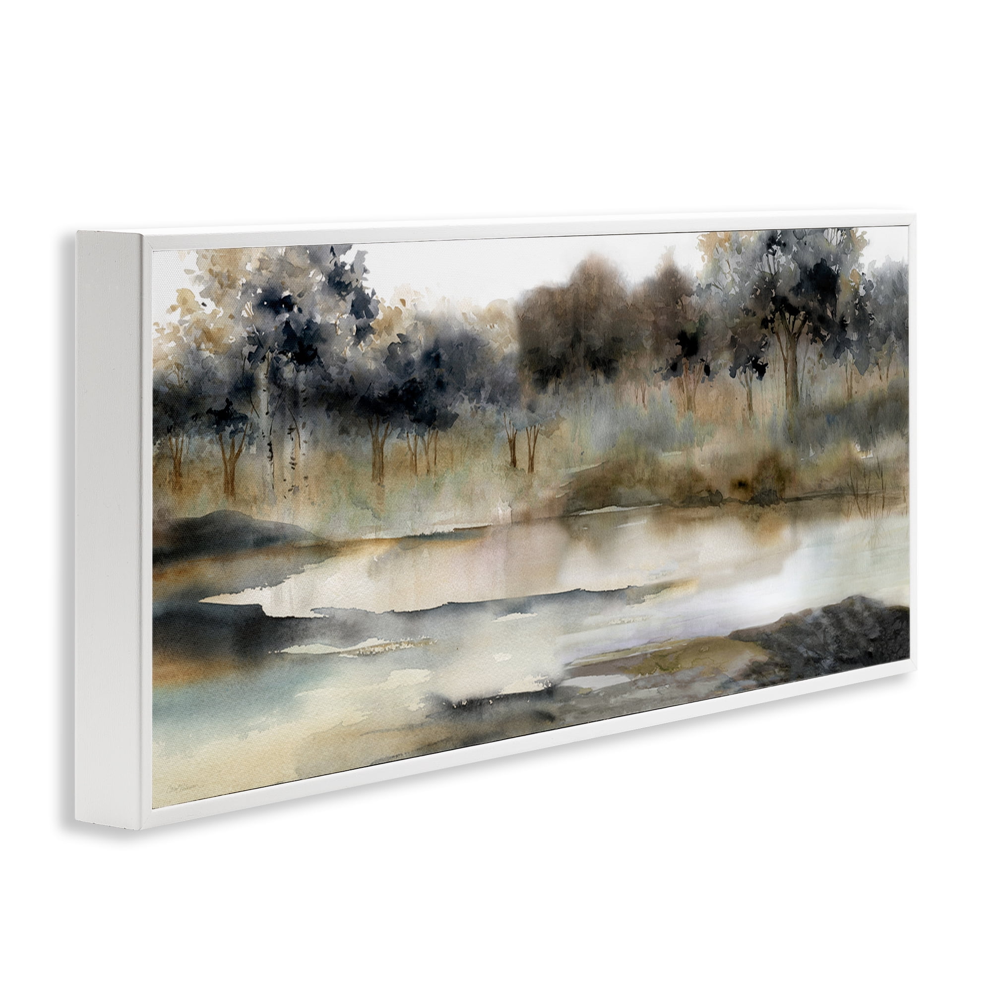 Trees By Lakeside Landscape White Framed Giclee Art, 24 x 10