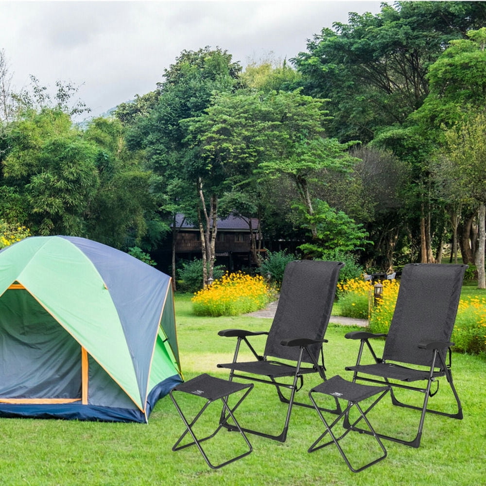 GVN Outdoor Kitchen Chair, Dinner Chairs,4 Pieces Patio Adjustable Back Folding Dining Chair Ottoman Set-Gray