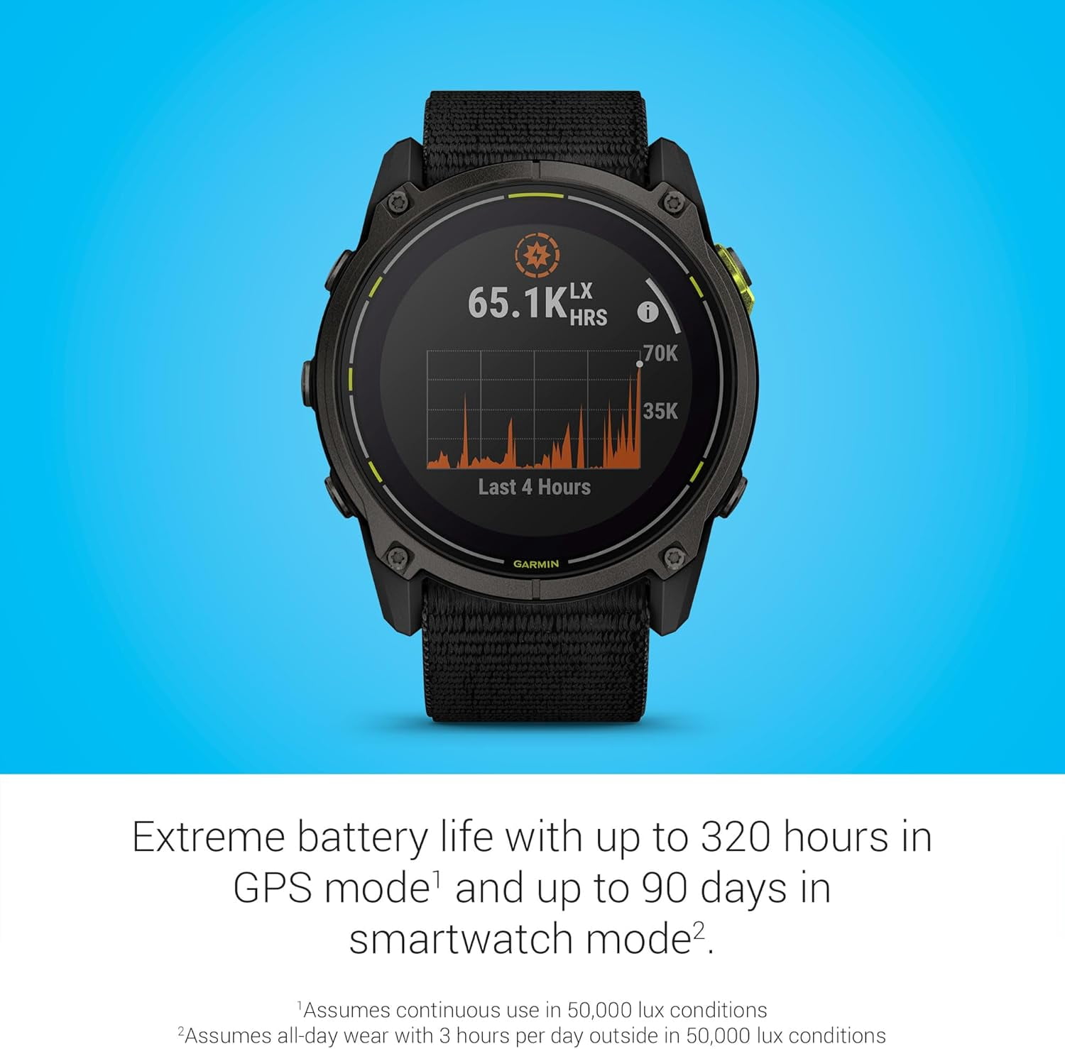 Restored Garmin Enduro 3 GPS Smartwatch 51mm Solar Sapphire, Ultra Battery Life, Mapping, Built-in LED Flashlight, Carbon Gray DLC Titanium, Black UltraFit Nylon Strap (Refurbished)