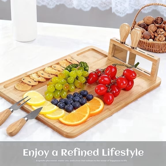 Bamboo Charcuterie Board with 4pcs Knife Set Cheese Board Serving Tray for Housewarming, Entertaining Party and Wedding