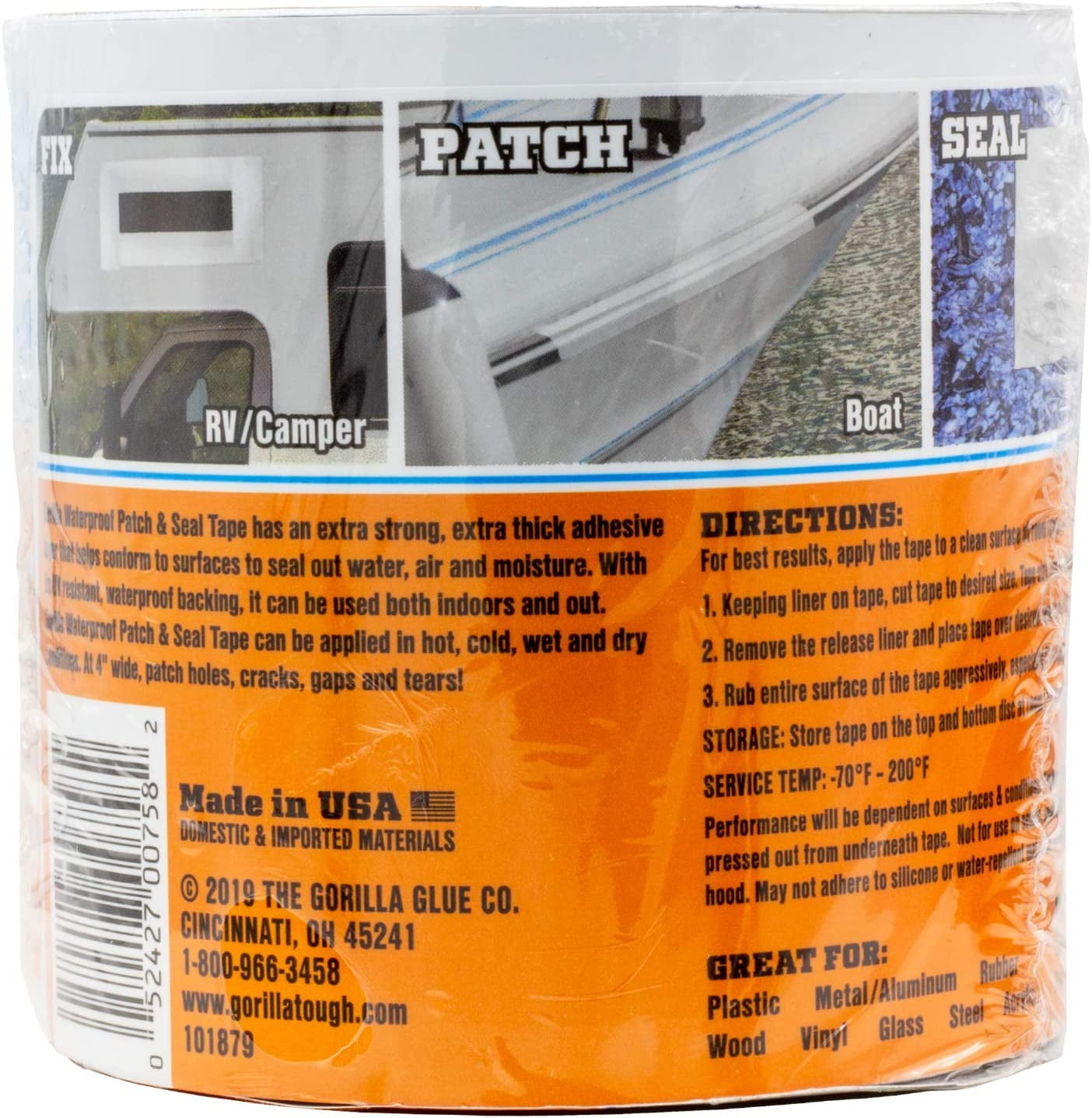 Gorilla Waterproof Patch & Seal Tape, White Tape, 4" x 10' (Pack of 4) - Permanent Weather Resistant Seal for Leaks and Repairs