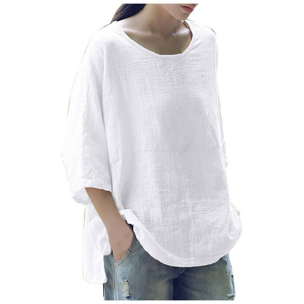 TBKOMH Plus Size Tops For Women,Fashion Cotton Linen 3/4 Sleeve Solid ...