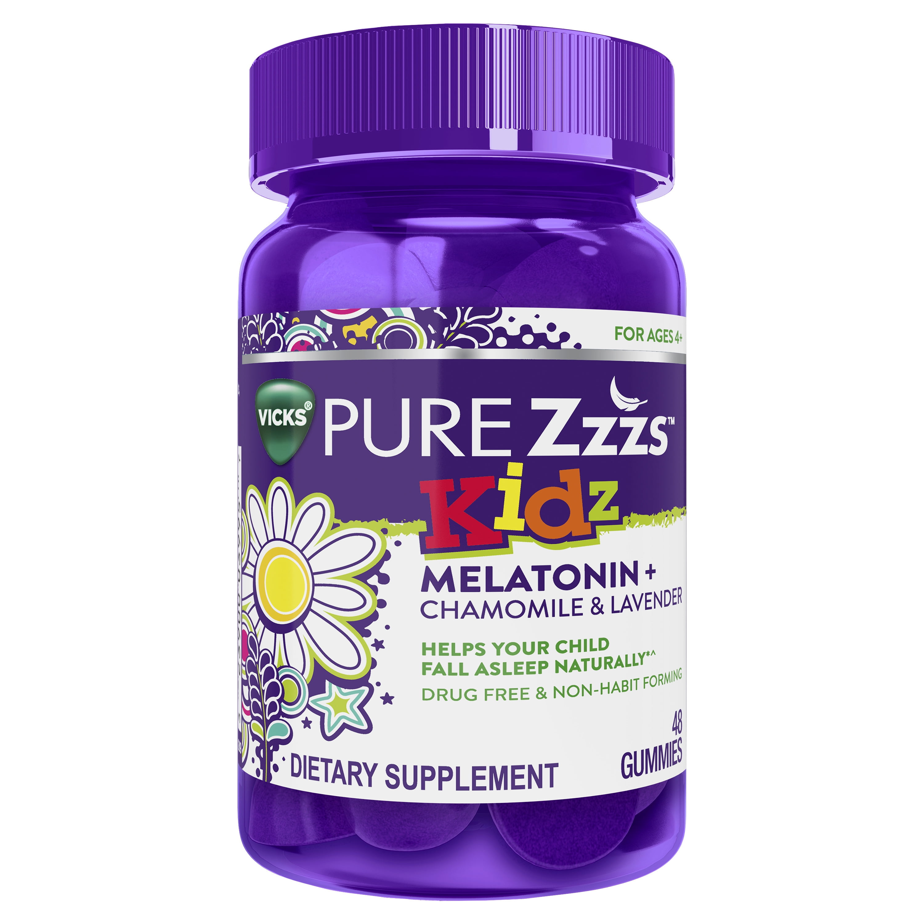 Vicks Pure Zzzs Kidz Sleep Aid Gummies, 0.5mg Melatonin per gummy, Dietary Supplement for Ages 4+, 48 Ct
