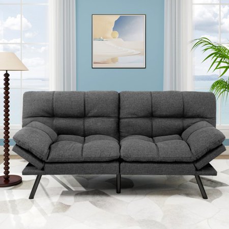 Futon Sofa Bed, 71" Convertible Linen Memory Foam Couch Bed, Modern Backrests Armrests Love Seat for Living Room,Apartment,Office,Charcoal Grey Sleeper Couch