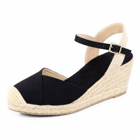 

Pennysue Women s Espadrilles Wedge Sandals Black Platform Ankle Strap Sandals Size 6M