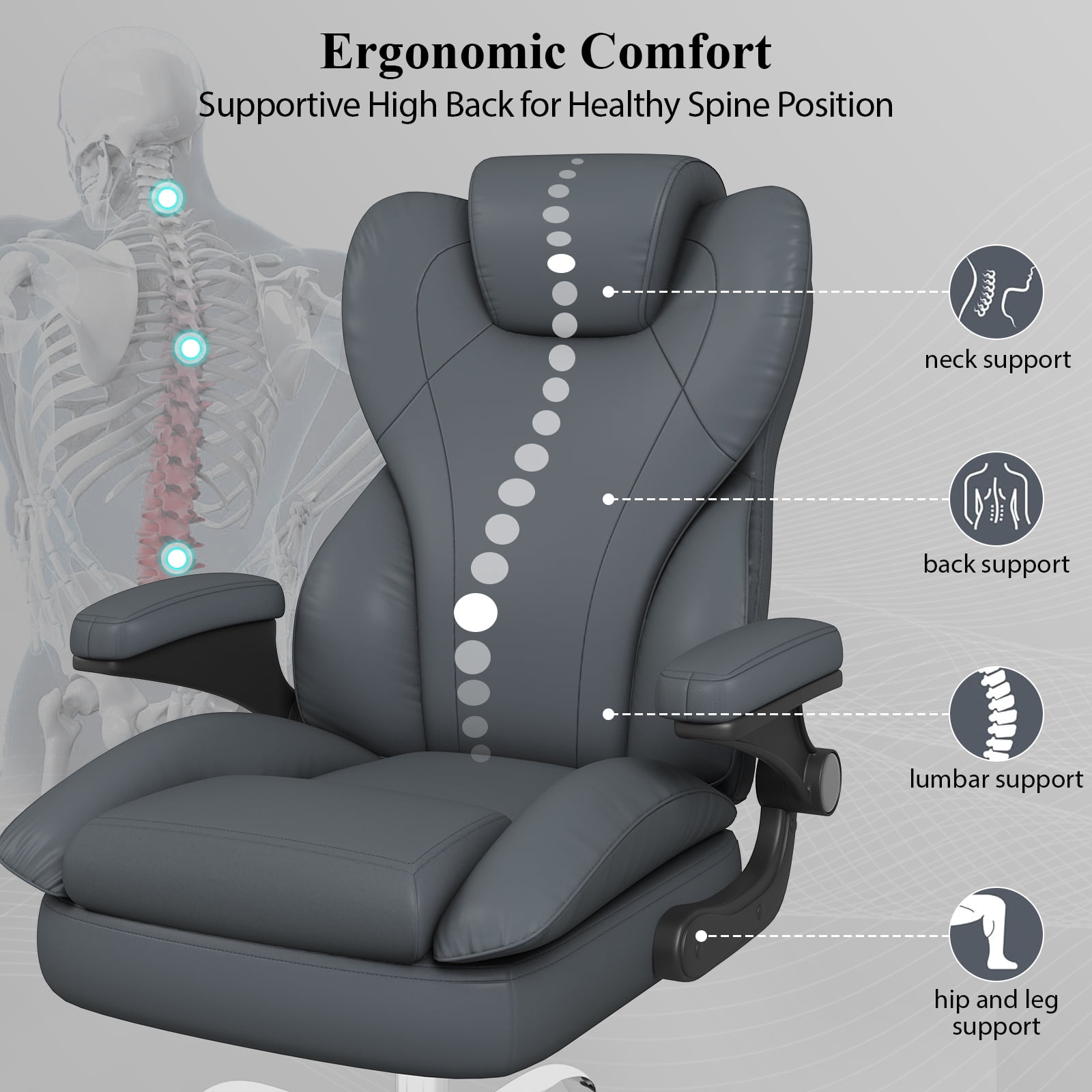E-motie Home Office Chair with Flip-up Arms, Adjustable High Back Chair, Quiet Nylon Wheels, Grey