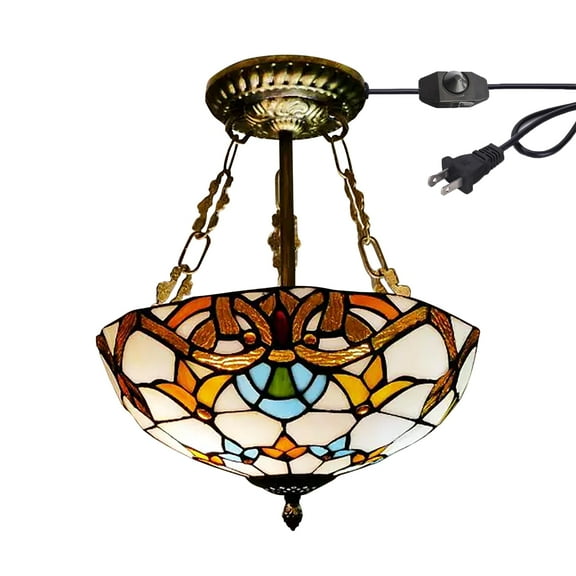 Kiven 11.8in Flush Mount Ceiling Light Fixture Dimmable, 2-Light Anti Glare Close to Ceiling Light with 15FT Plug-in Cord, Tiffany-Style Glass Chandelier for Bedroom Kitchen Hallway(No.3216)