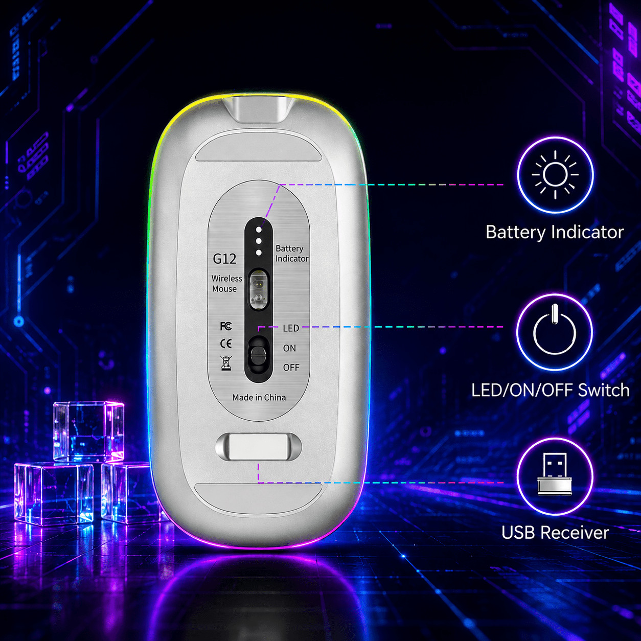 Verdevida Wireless Bluetooth Rechargeable Mouse with LED lights, Dual Mode BT 5.2 & 2.4G with Nano Receiver, Portable Mouse for Laptop,Macbook,iPad