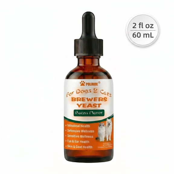 POLHIDE Brewers Yeast Dog and Cat Digestive Supplement, 100 mg/mL, Liquid Drops, 2 fl oz, Bacon Flavor