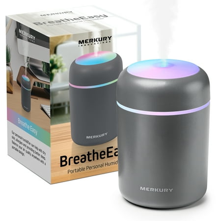 

Merkury Innovations Breathe Easy Portable Personal Humidifier USB Powered Night Light Timer Included For Allergies Dry Skin and Improved Sleep Gray