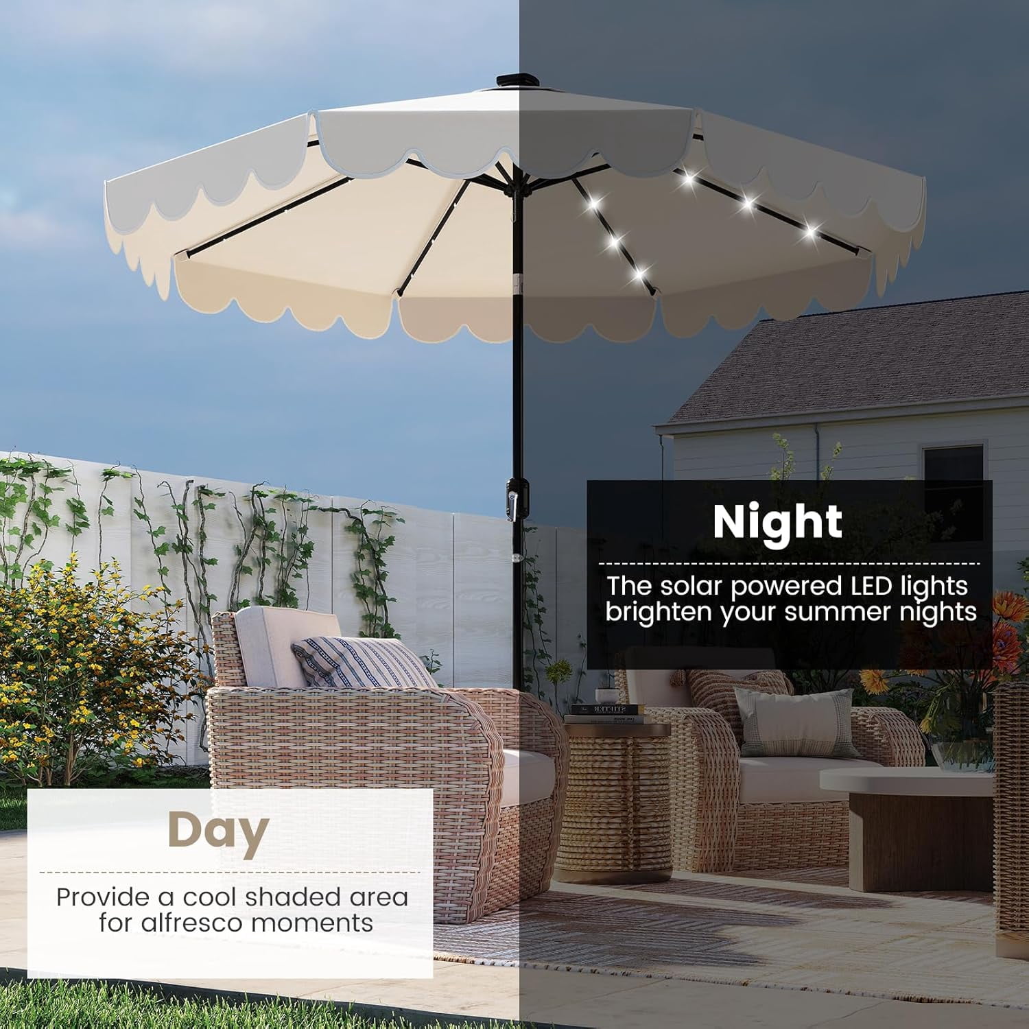 ZYPPP  9 FT Solar Patio Umbrella, 2-Tiers Scalloped Outdoor Table Market Umbrella with 32 LED Lights, Vented Top, Tilt Adjustment, Crank, 8 Ribs for Backyard Poolside Deck Beach Lawn (Beige)
