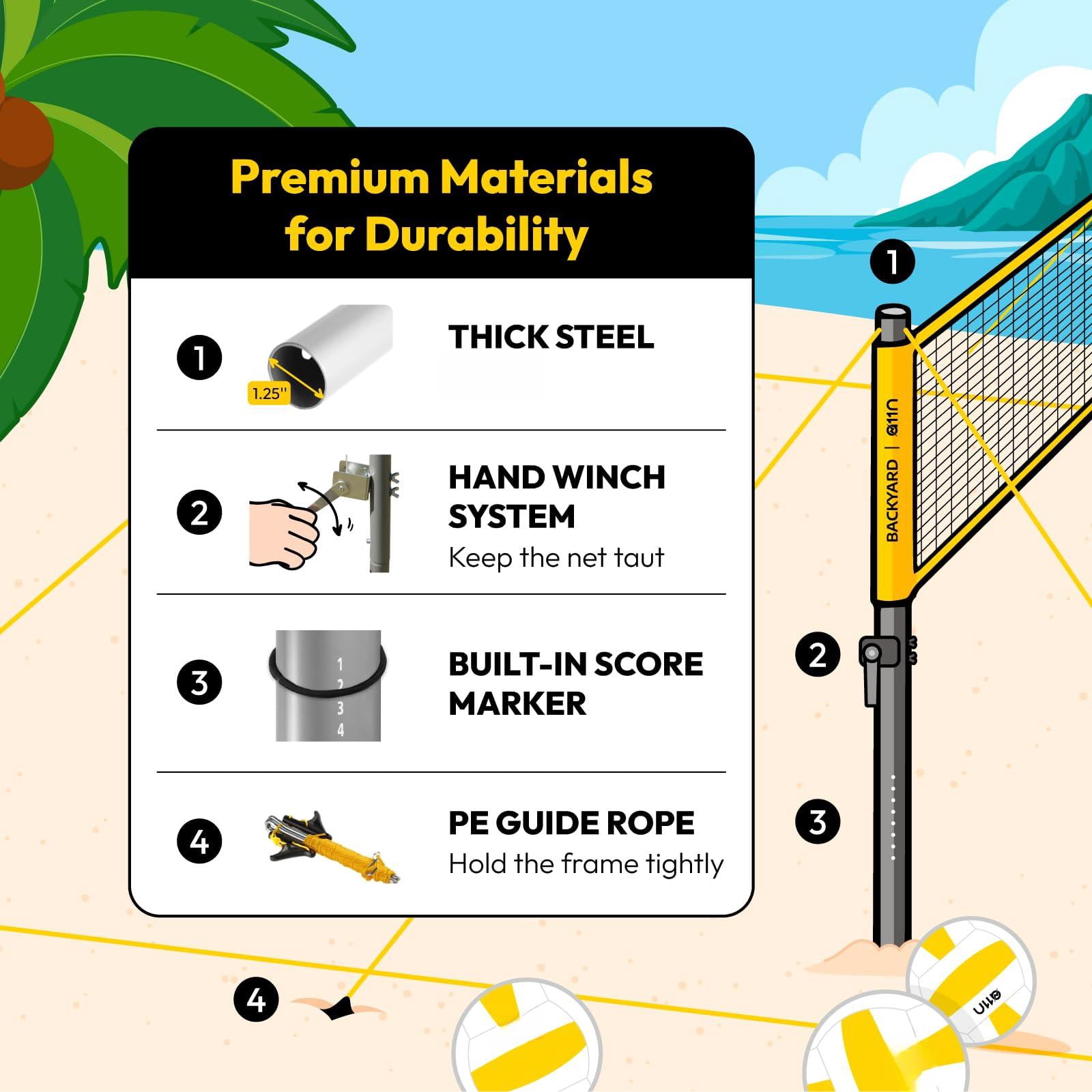 Outdoor Volleyball And Badminton Combo Set - Includes Adjustable Height Anti-sag Net  Air Pump 4 Rackets 2 Shuttlecocks Boundary Line Marker Carrying Bag