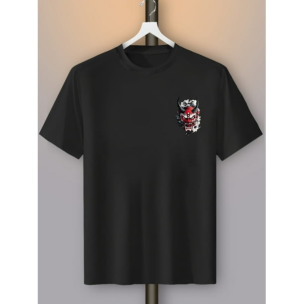 Men'S Graphic T-Shirt - Red Demon Mask & Japanese Calligraphy Print, Street Style Crew Neck Short Sleeve Casual Tee for Summer Casual Wear Tee